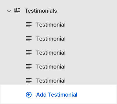 The Testimonials's Add block menu in Theme editor.