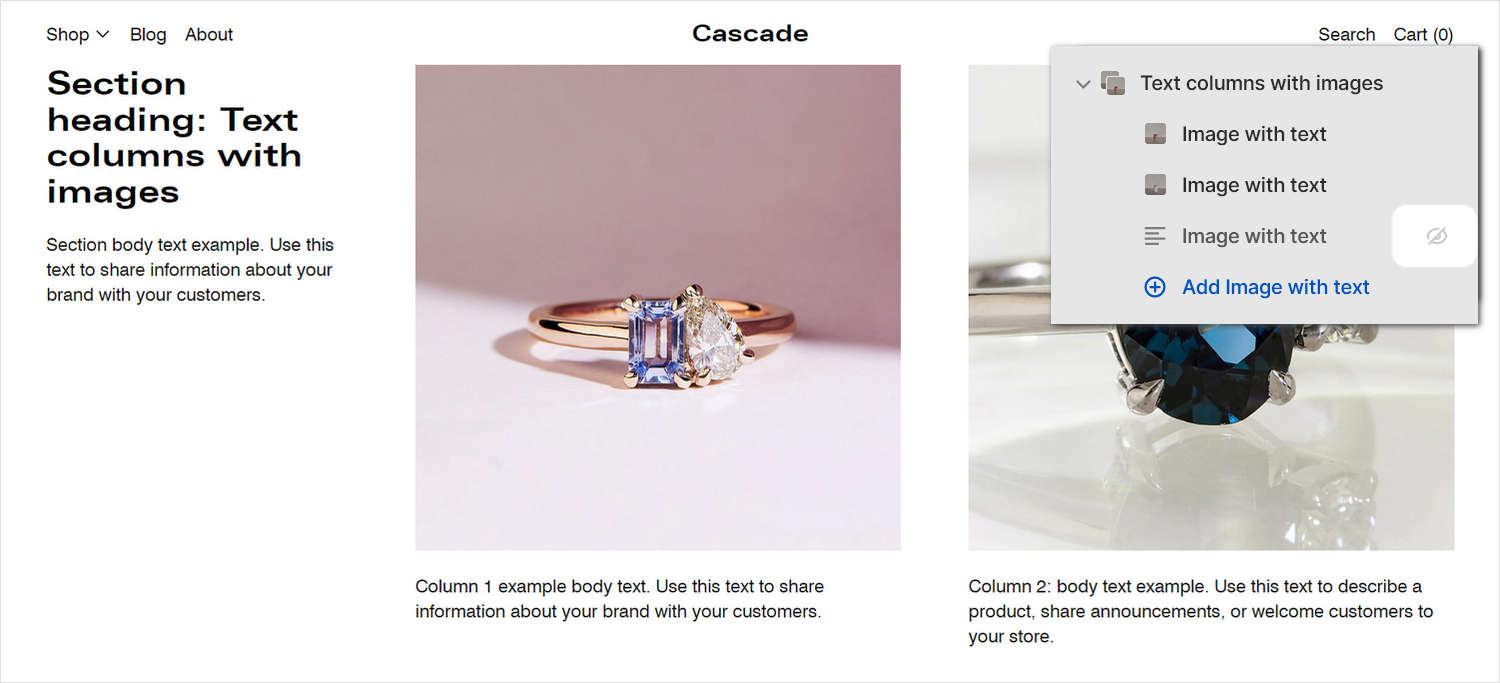 An example Text columns with images section on a store's home page.