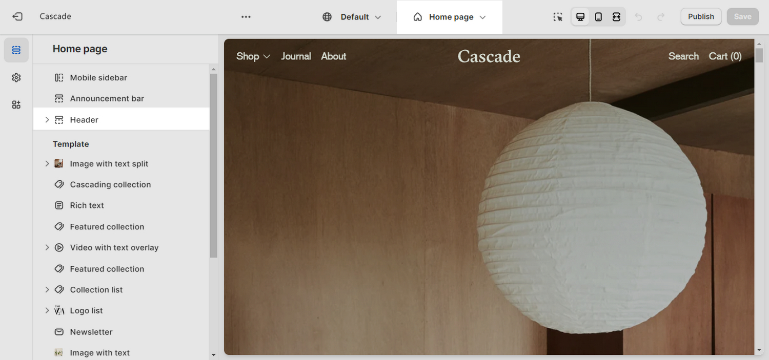 The Header section selected on the home page template in Theme editor.