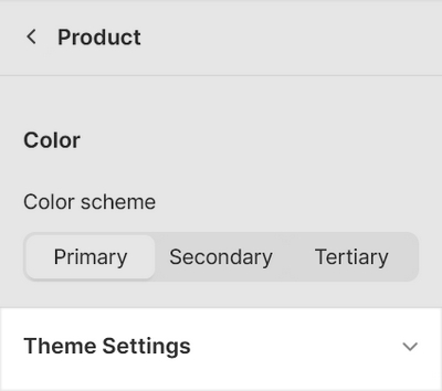 An example of the Theme settings menu for a Product section in Theme editor.