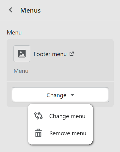 The menu modification options in Theme editor for the Footer section