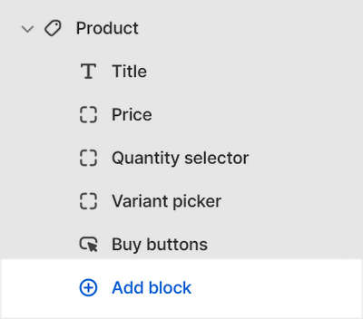 The Product - split section's Add block menu in Theme editor.