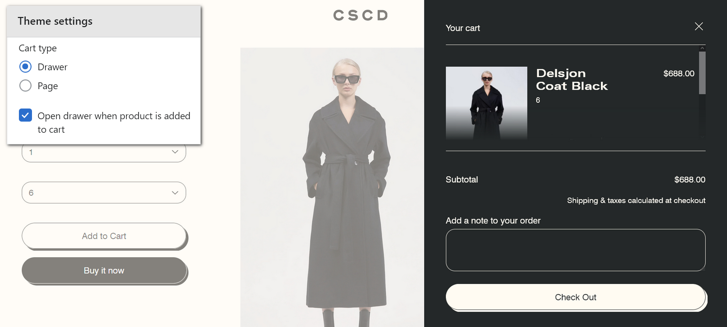 An example cart drawer on a store's Product page.