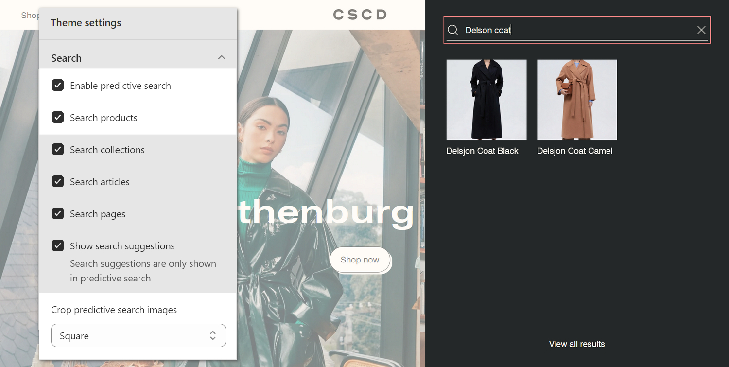 Example Search results displayed ona store's home page, with the Theme setting's Search menu.