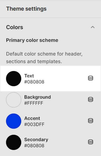 The expanded Colors menu section in Theme settings with the Text setting selected.