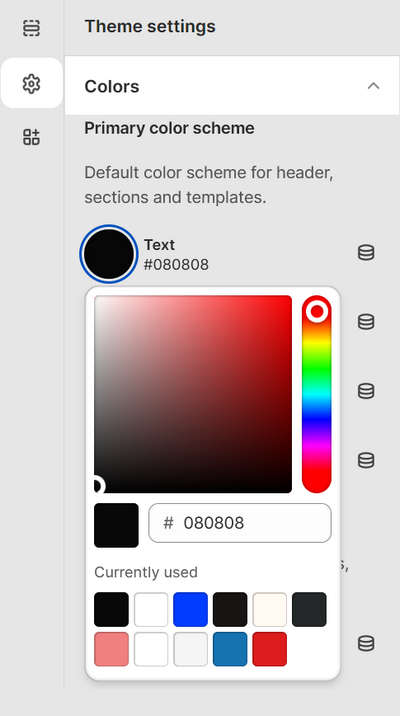 The controls for adjusting the Primary color scheme's text color in Theme settings.