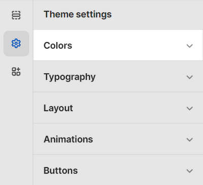 The Theme settings menu with the Colors menu section selected.