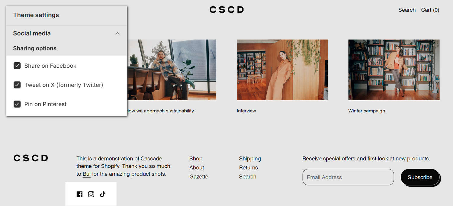 An example of the Share list and social media icons on a store's home page, with the Theme setting's Social media menu.