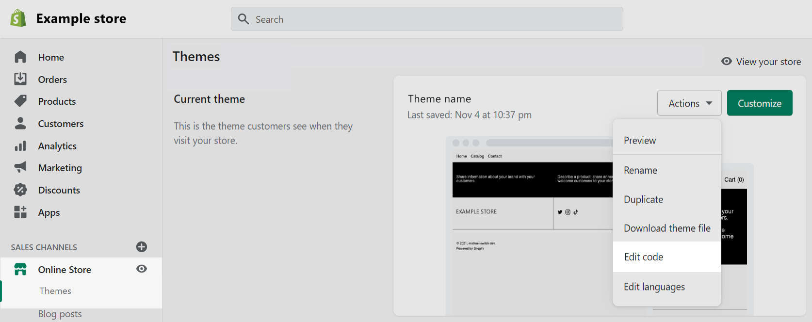 Screenshot of the Editorial theme in the Online Store section of the Shopify Admin with the Actions drop-down menu expanded