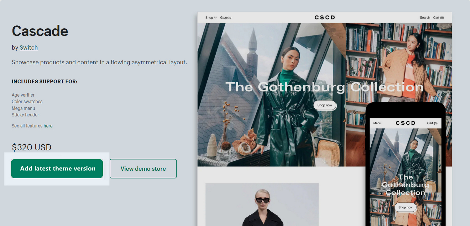 Screenshot of the Cascade theme on the Shopify Theme Store with an Add latest theme version button