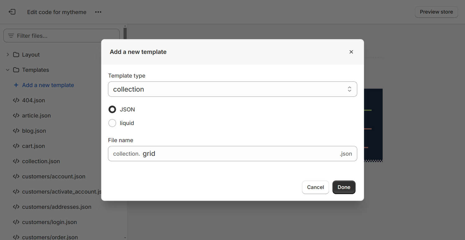 The New template dialog in Code editor.