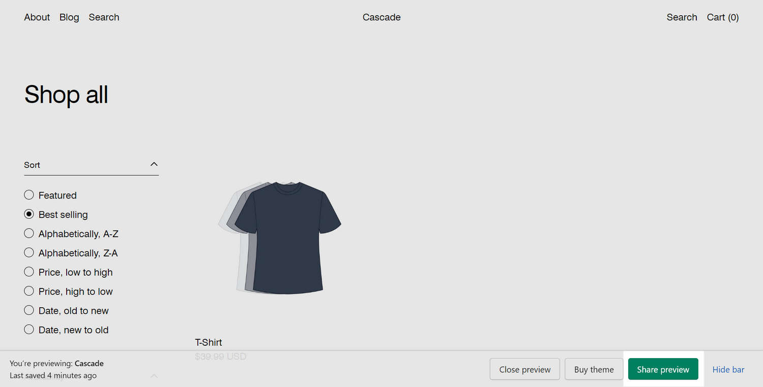 An example store preview page in a browser.