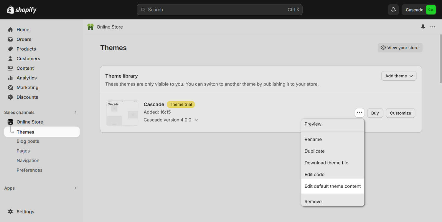 The Actions dropdown selected in Shopify Admin.