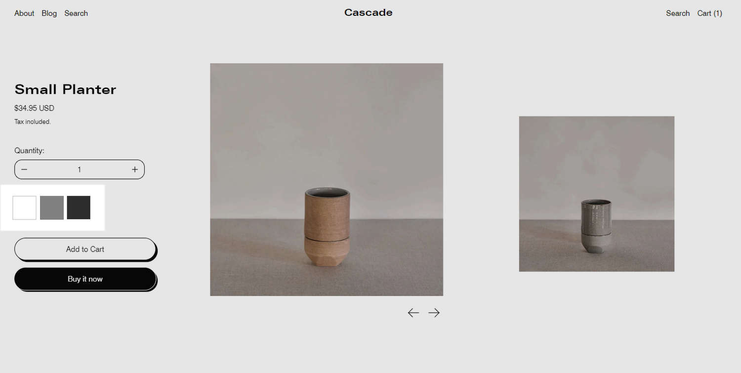 Three example color swatches on a store's Product page.
