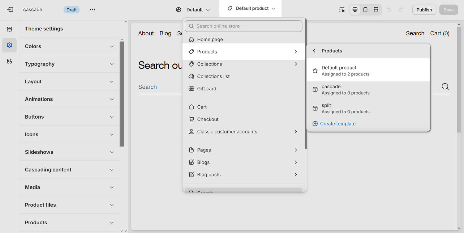 The Default product page template selected in Theme editor.