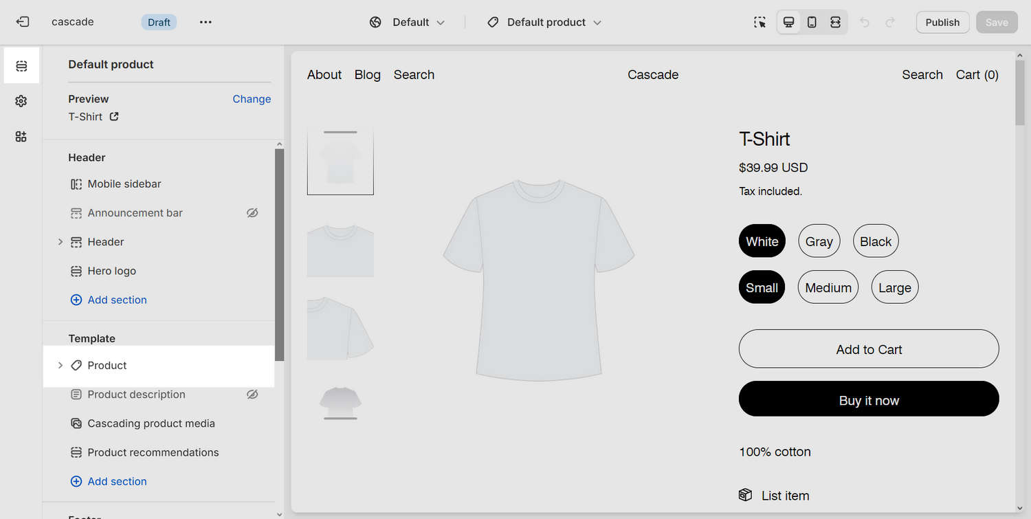 The Product section selected on the Default product page in Theme editor.