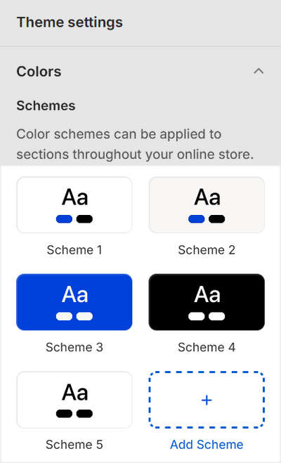 Color schemes listed in the Schemes pane inside Theme editor's Colors Theme settings menu.