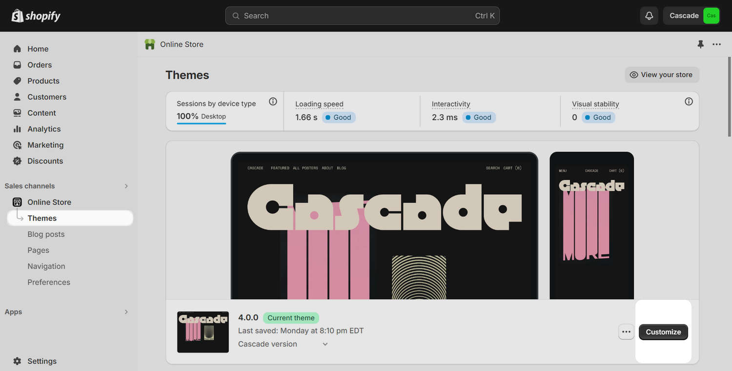 The Customize theme option selected in Shopify admin.