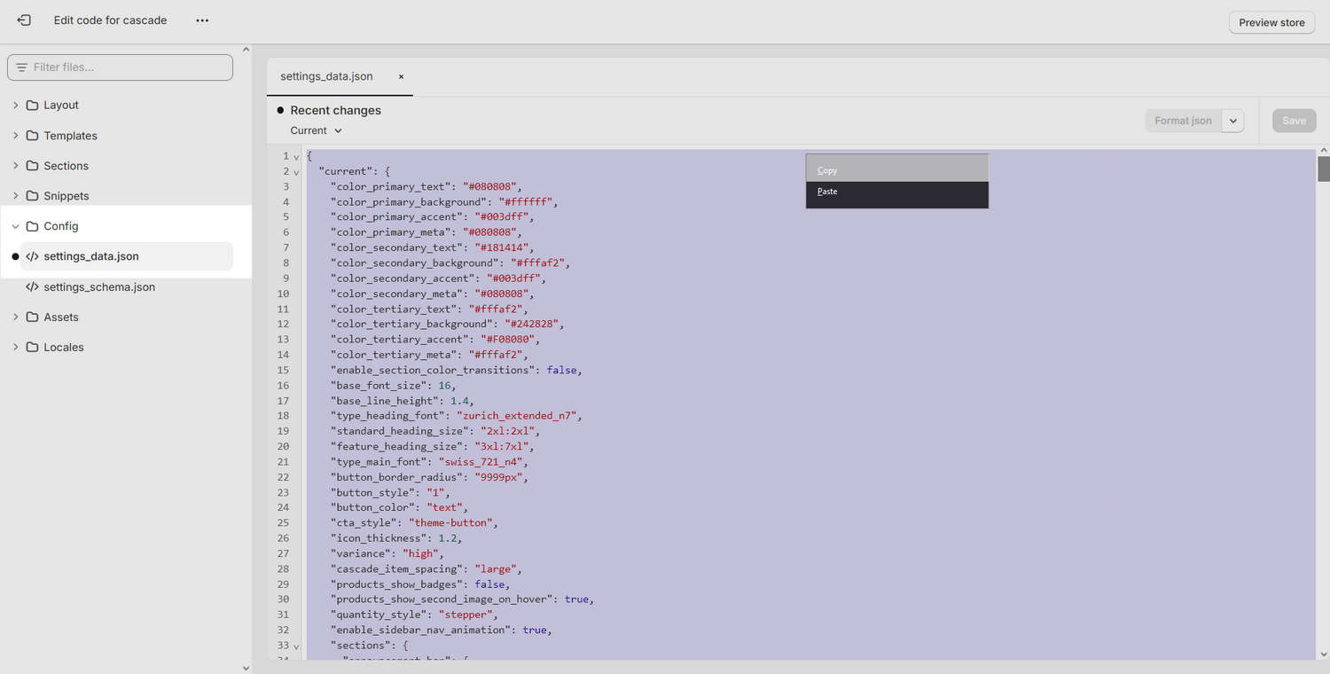 A file open in the Shopify Code editor with the copy option selected.