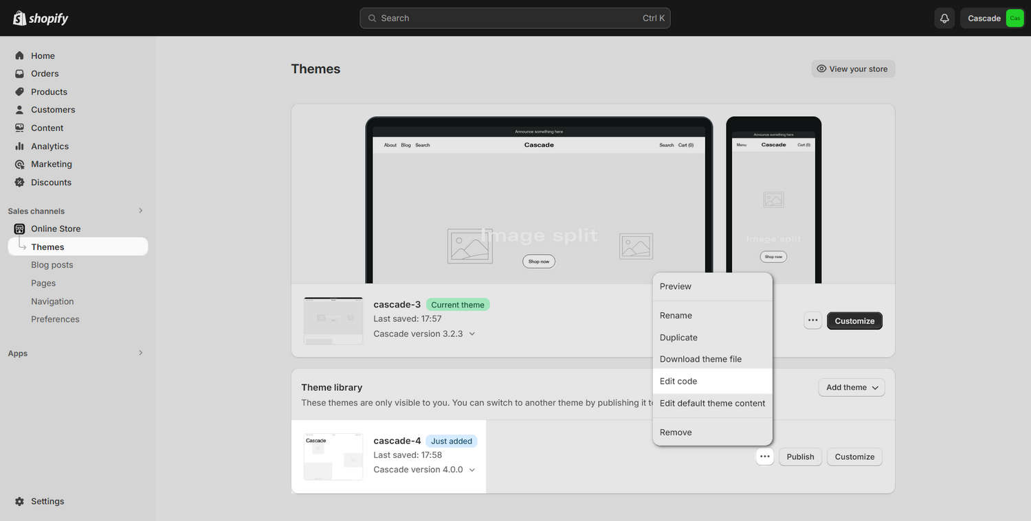 The ellipsis icon selected in Shopify admin.