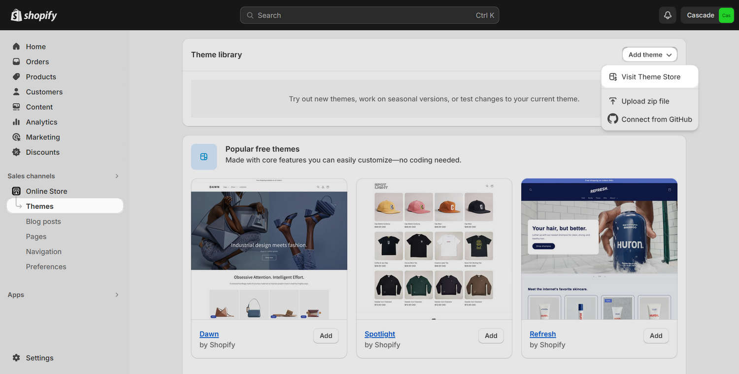 Shopify admin's Add theme dropdown.