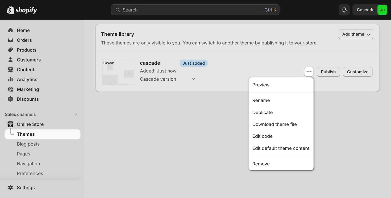 The Cascade theme pane in Shopify admin.