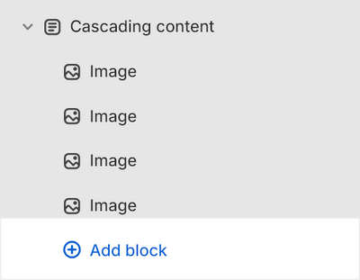 The Cascading content section's Add block menu in Theme editor.