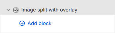 The Image split with overlay section's Add block menu in Theme editor.