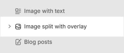 An Image split with overlay section selected in Theme editor.