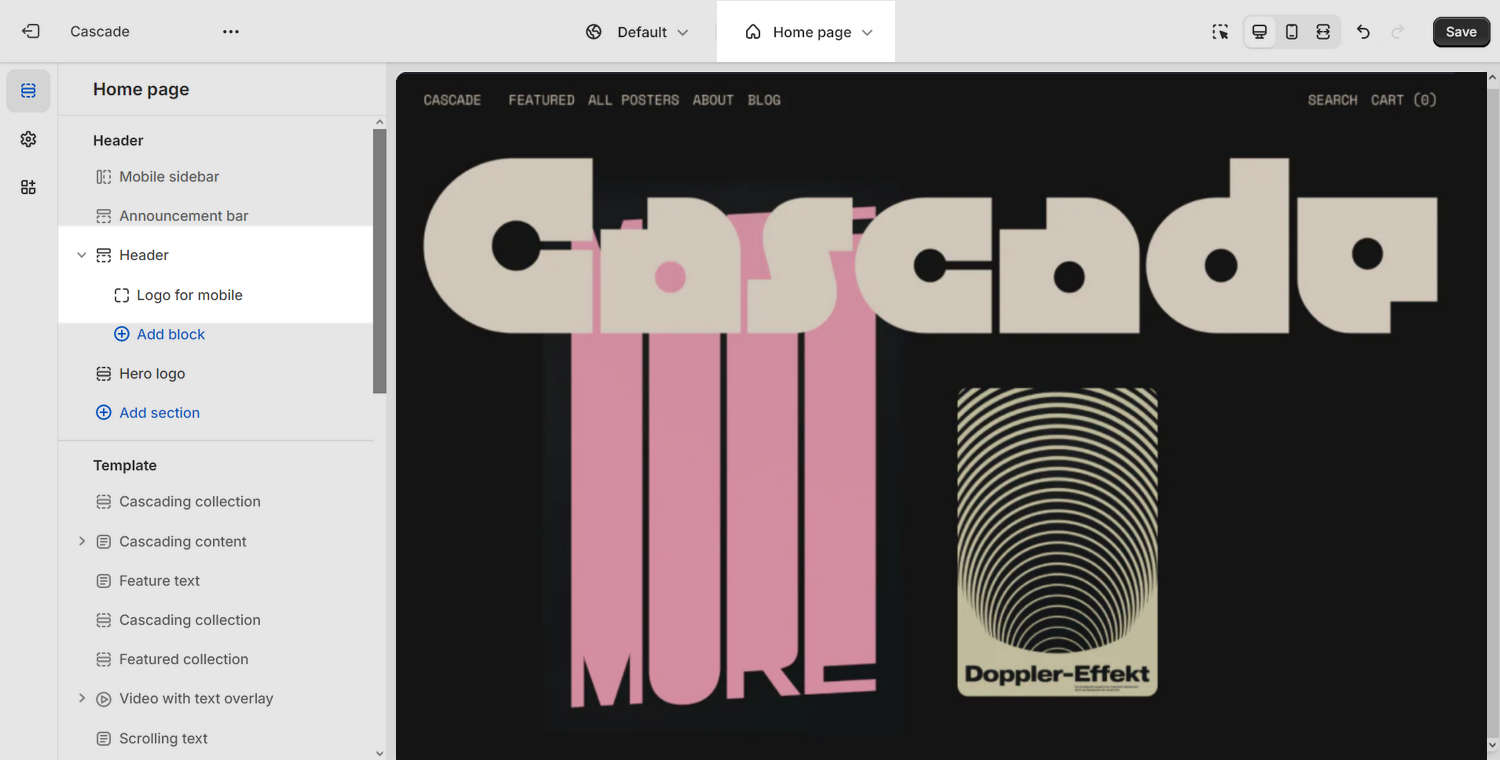 The Header section's Logo for mobile selected on the home page template in Theme editor.