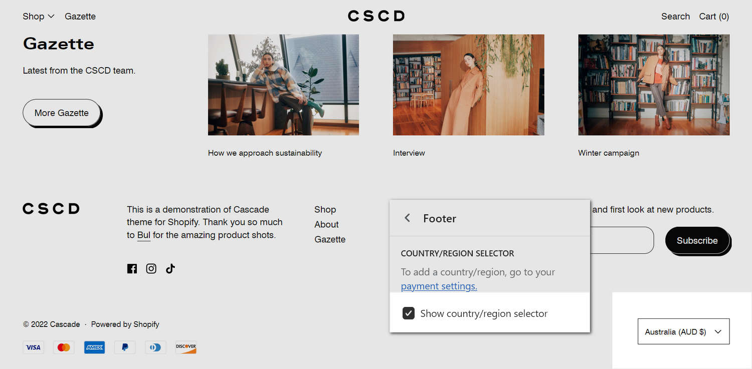 An example Footer section on a store's home page.