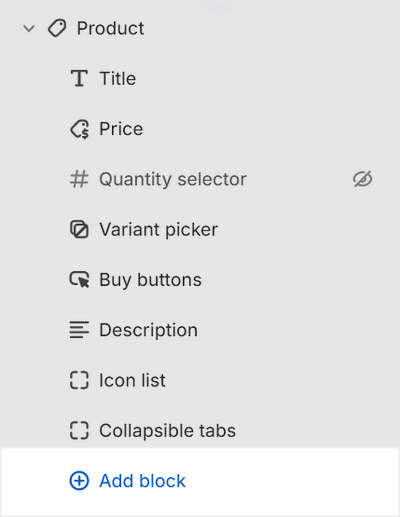 The Product section's Add block menu in Theme editor.