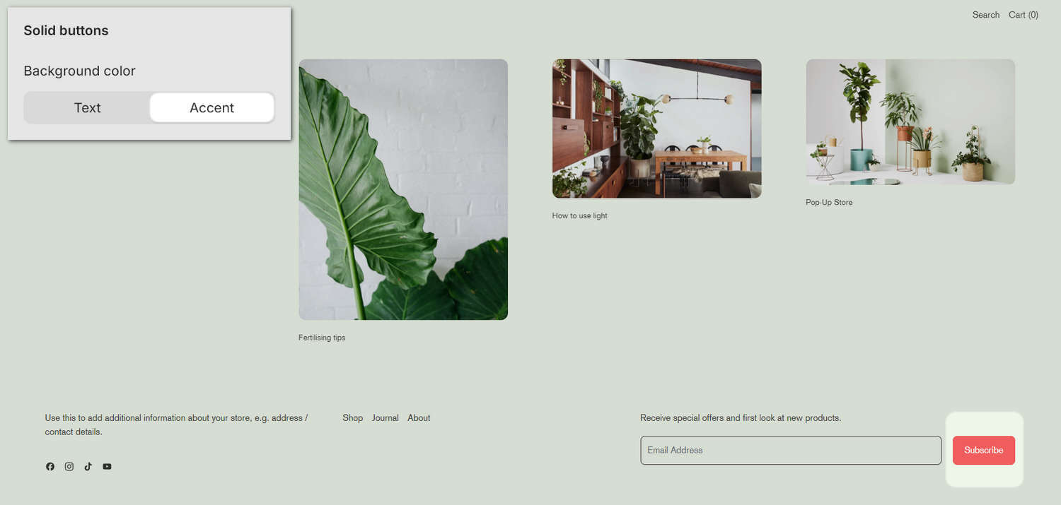 An example store's home page with the Theme settings's Buttons menu open in Theme editor.