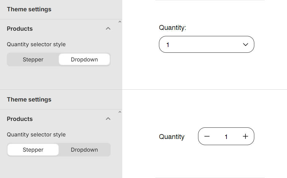 Two example product quantity selectors on a store's product page, with the Theme settings Products menu in Theme editor.