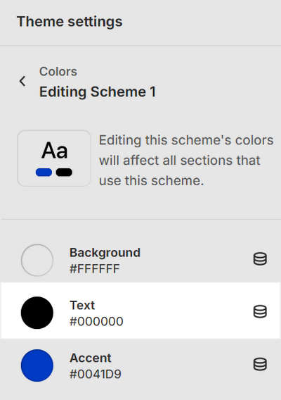 The expanded Colors menu section in Theme settings with the Text setting selected.