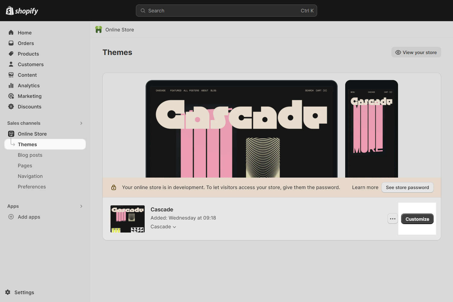 The Current theme area in Shopify admin.