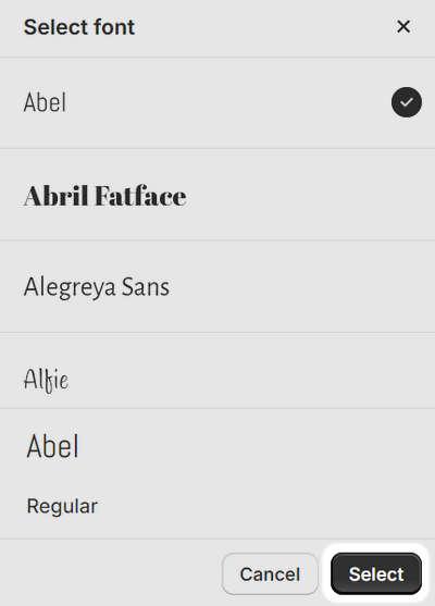 The font picker's select button in Theme setting's Typography menu