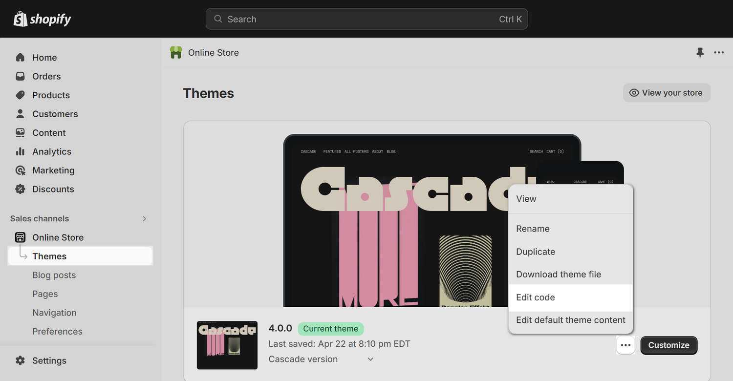 Screenshot of the Editorial theme in the Online Store section of the Shopify Admin with the Actions drop-down menu expanded