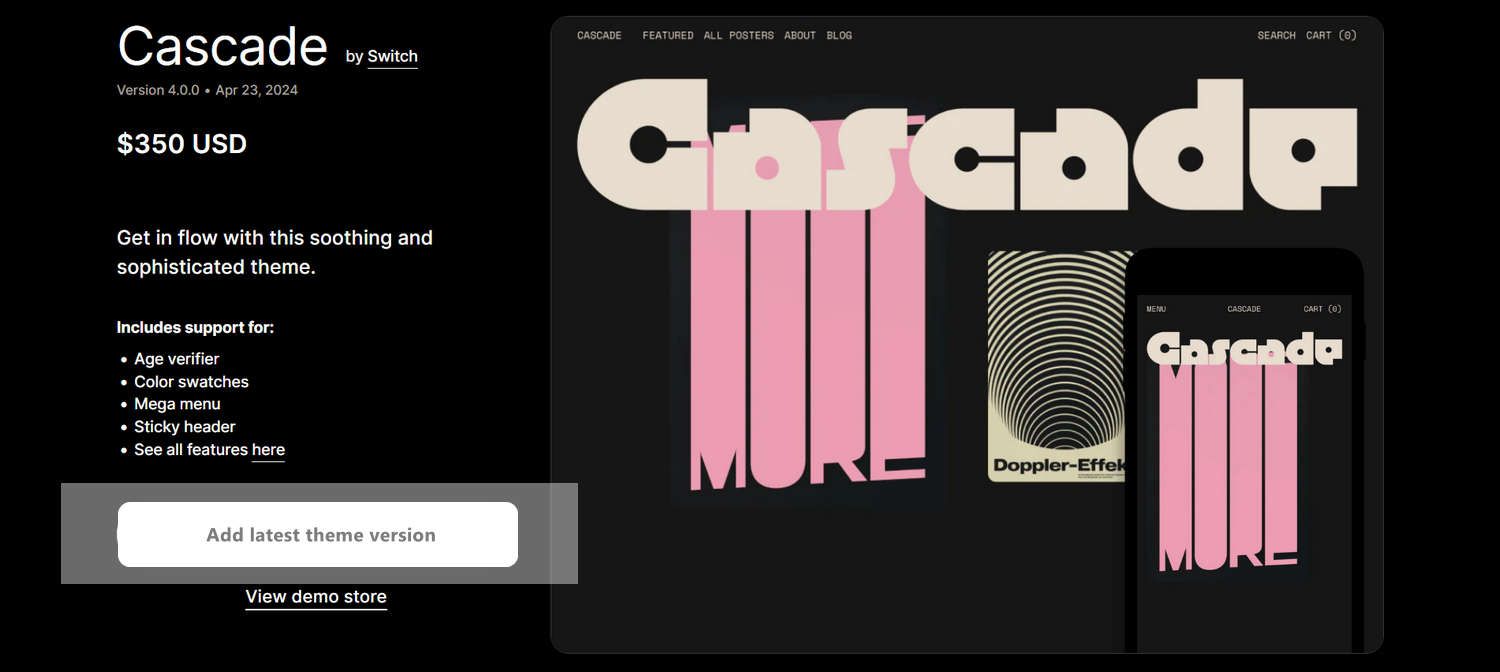 Screenshot of the Cascade theme on the Shopify Theme Store with an Add latest theme version button