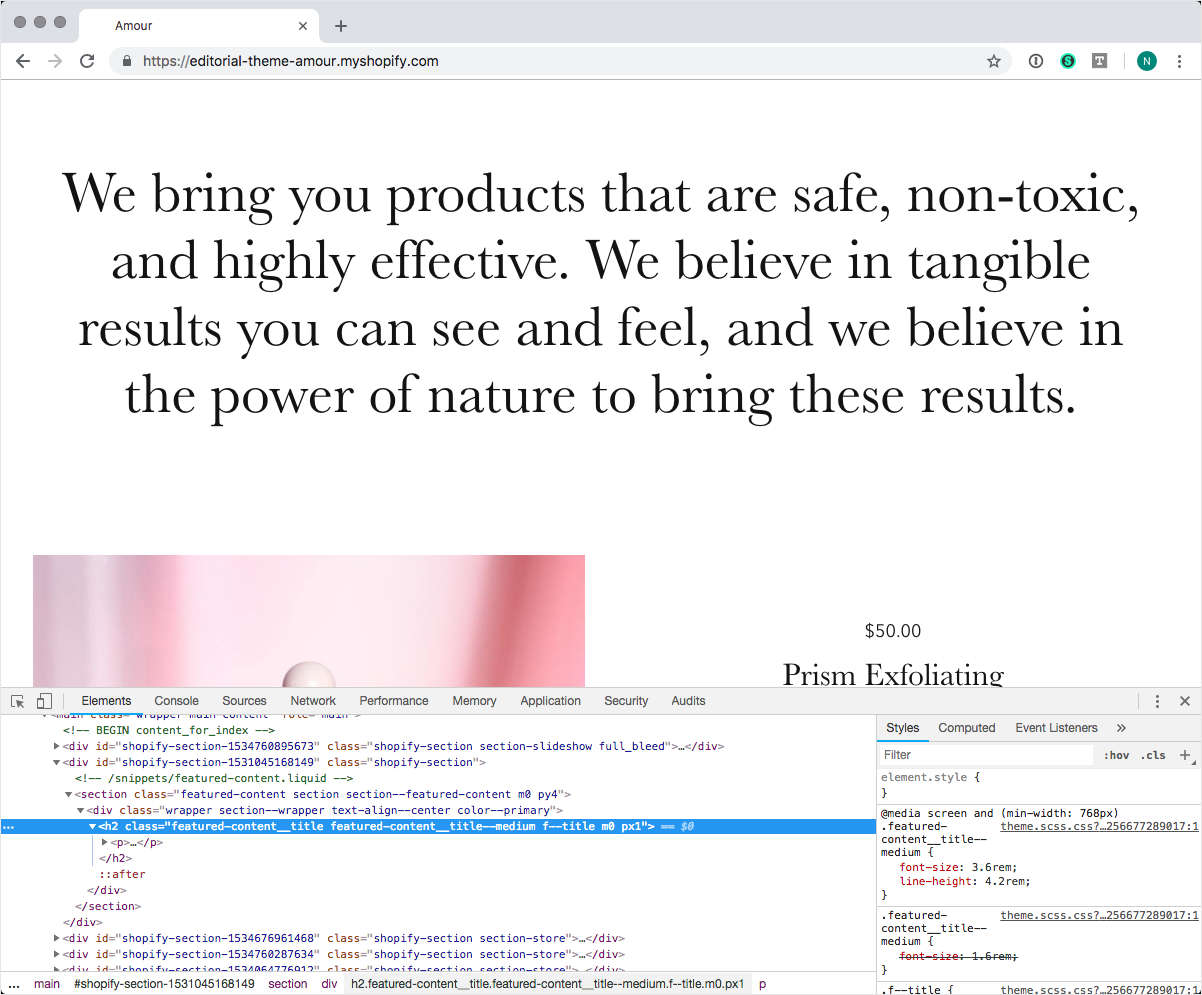 Homepage for Editorial's Amour demo store with a font size element selected in web inspector, for the Featured content section.