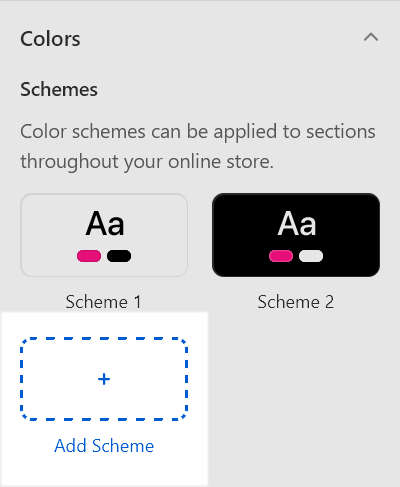The Theme settings Color menu option for adding a new Color scheme in Theme editor.