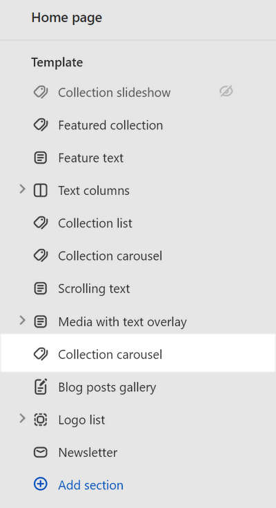 The second Collection carousel section selected in Theme editor.