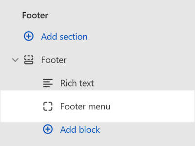 A Menu block added to the Footer section in Theme editor.