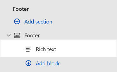 A Rich text block added to the Footer section in Theme editor.