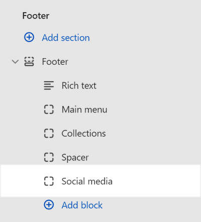 A Social media block added to the Footer section in Theme editor.