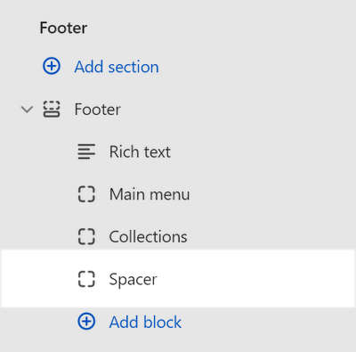 A Spacer block added to the Footer section in Theme editor.