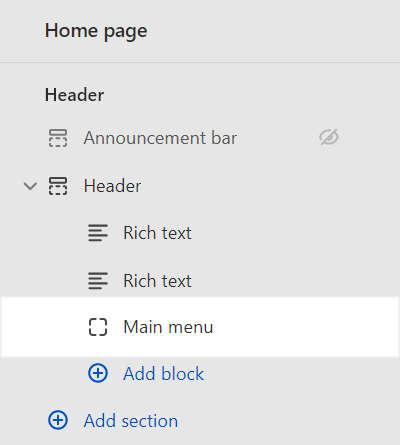 A Horizontal menu block in the Header section in Theme editor.