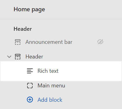 A Rich text block added to the Header section in Theme editor.