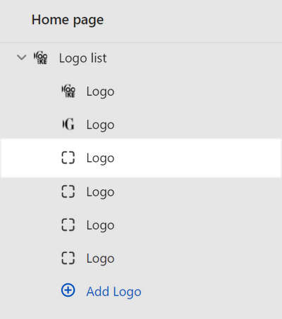 The Logo list section's third Logo block selected in Theme editor.