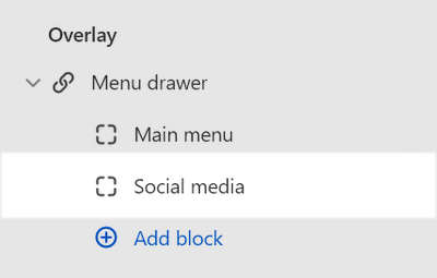 A Social media block added to the Menu drawer section in Theme editor.